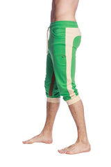 Green and beige ultra-flex tri-color cuffed yoga capri pants with drawstring waistband for flexible workouts
