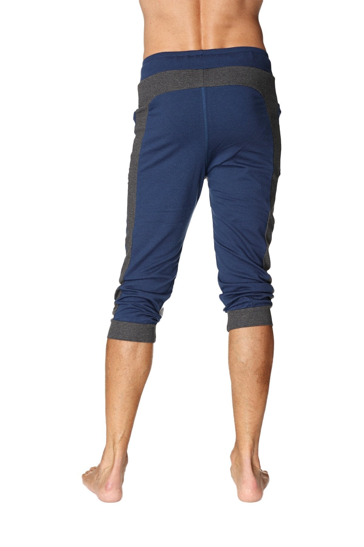 Ultra-flex tri-color cuffed yoga pant in navy blue gray with elastic waistband and ribbed cuffs for athletic wear