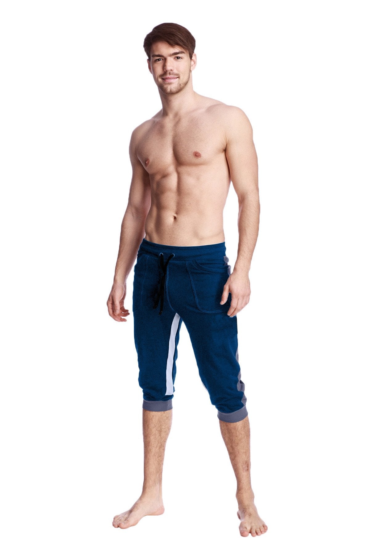 Navy blue ultra-flex tri-color cuffed yoga shorts with white side stripes and gray cuffs for athletic use