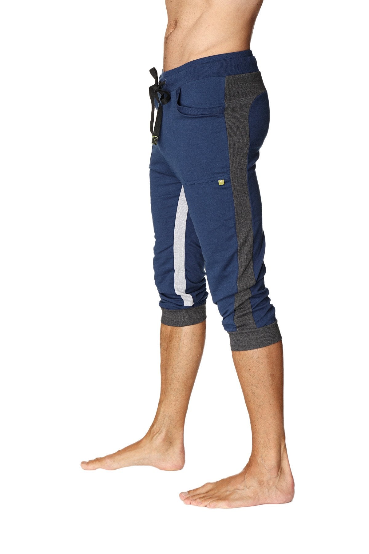 Navy blue ultra-flex tri-color cuffed yoga pant with gray side panels white stripe elastic waistband and black drawstring