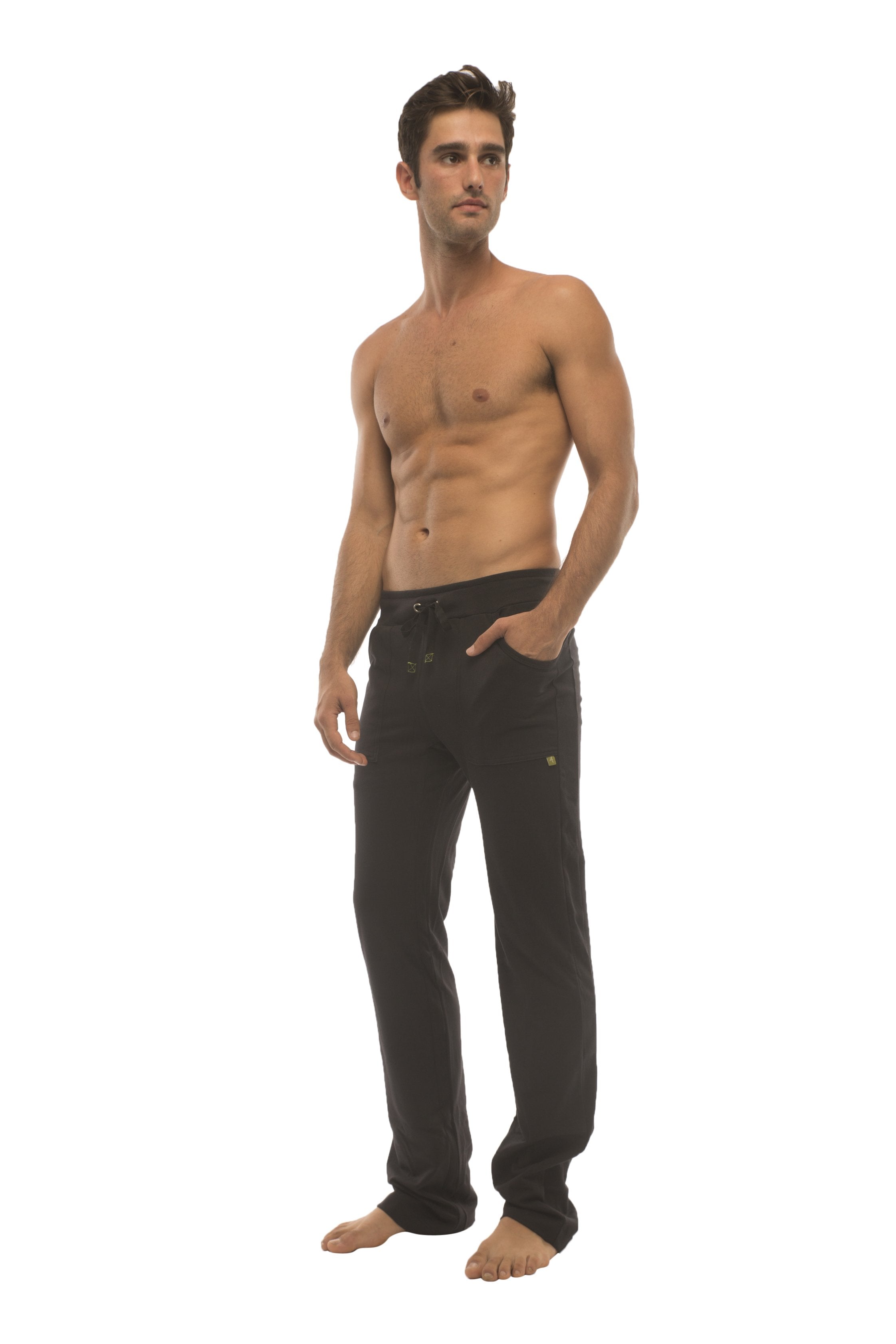 Black ultra flex yoga track and sweat pants with drawstring waist and subtle green logo on thigh