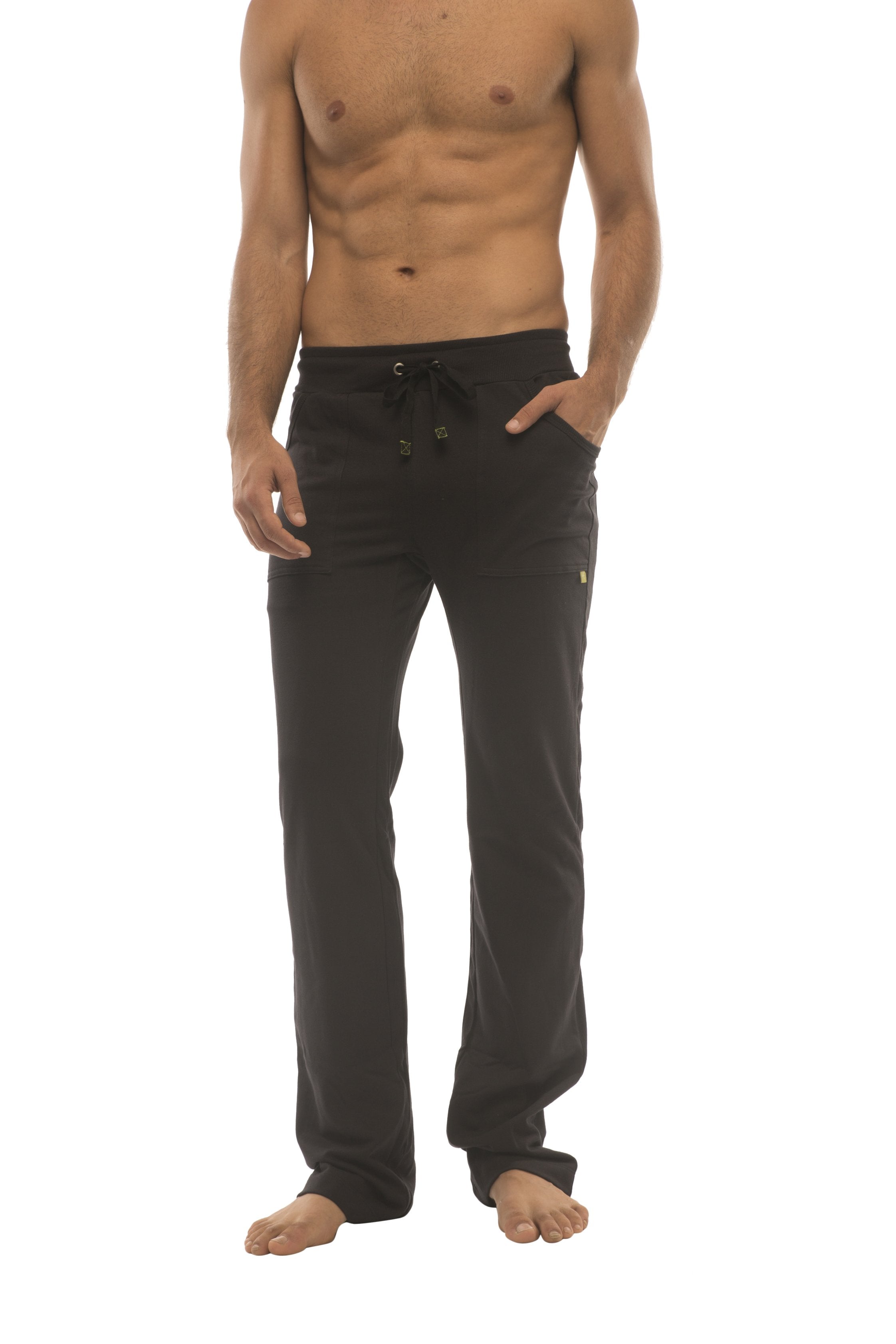 Ultra flex yoga track and yoga sweat pant in black with black drawstring and relaxed fit featuring subtle side pockets
