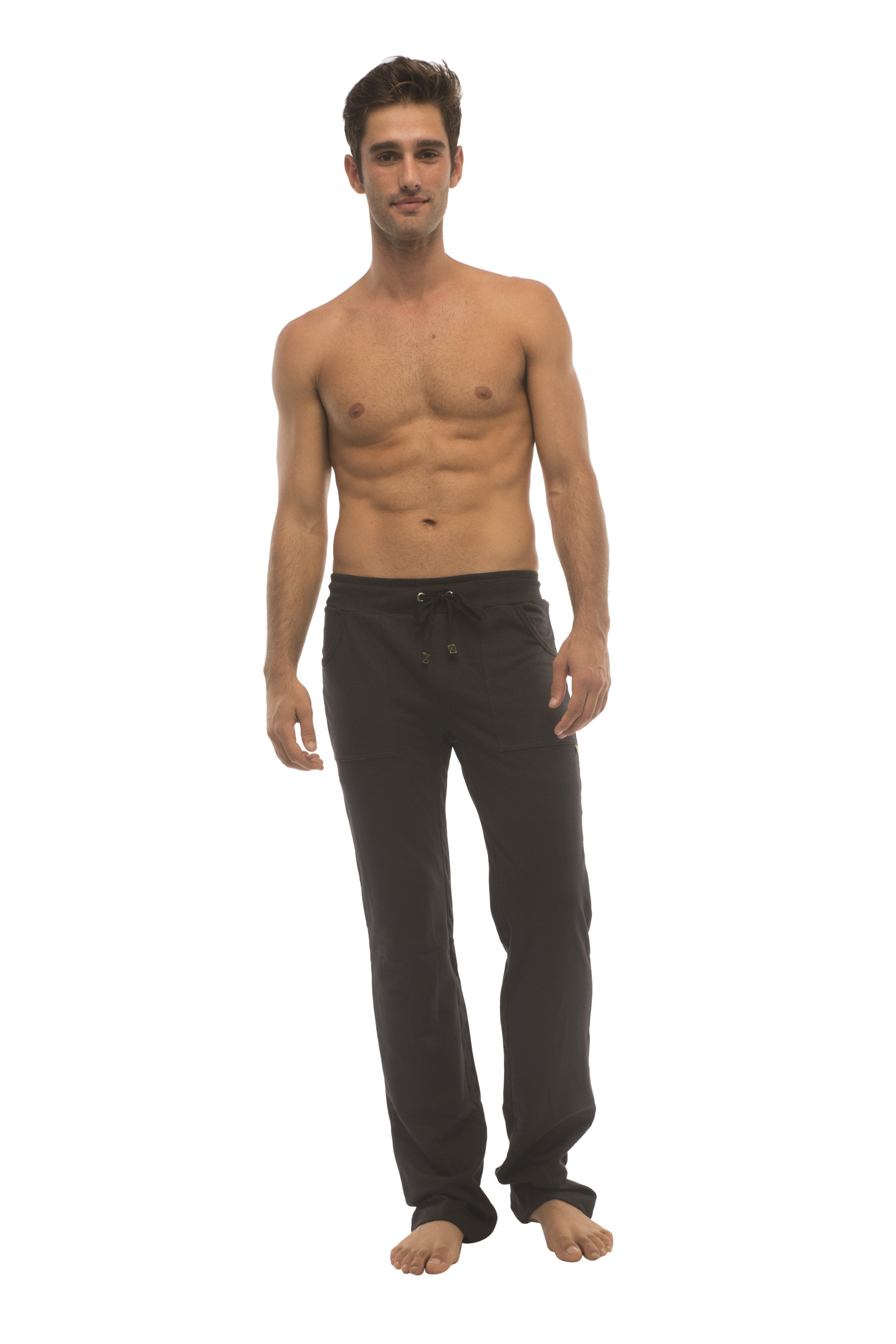 Black ultra flex cotton joggers with drawstring waist and elastic cuffs designed for yoga and track use
