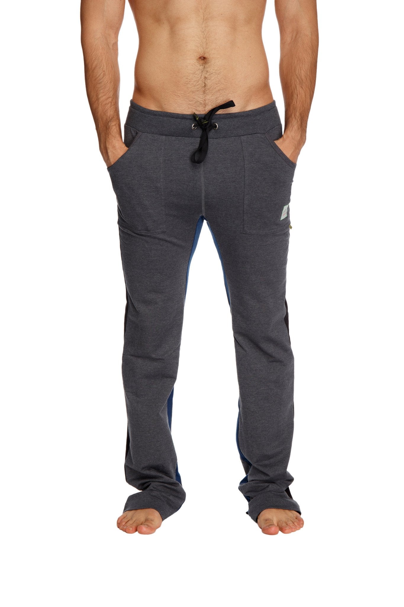 Gray ultra flex yoga track pants with black drawstring waistband and subtle royal blue side panels for activewear