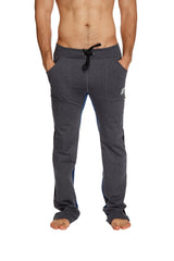 Gray ultra flex yoga track pants with black drawstring waistband and subtle royal blue side panels for activewear