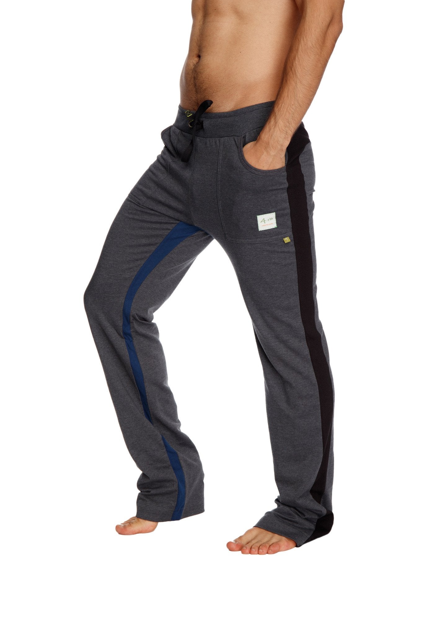 Ultra flex yoga track and yoga sweat pants in charcoal with black and royal side stripes and drawstring waistband