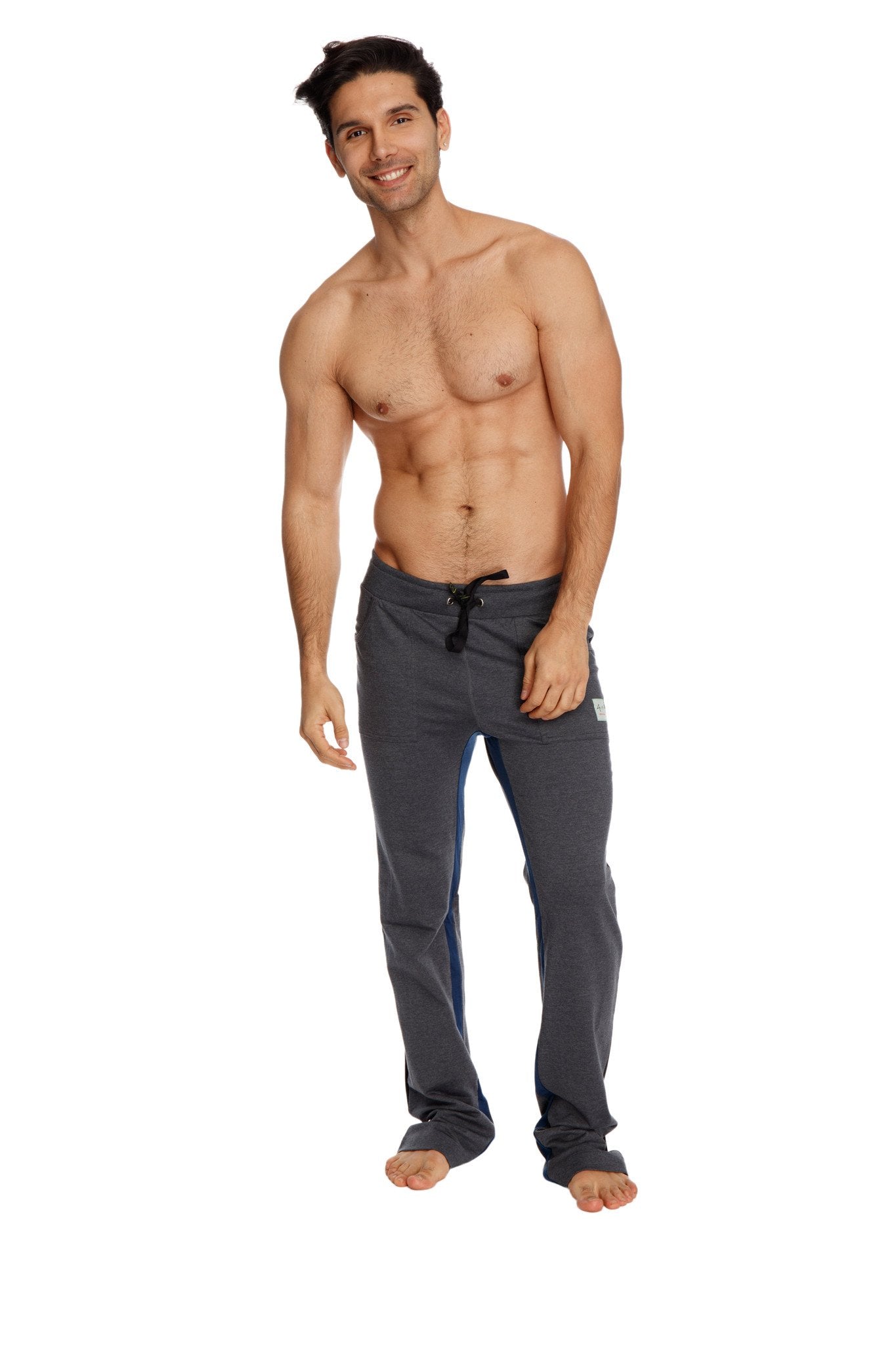 Charcoal ultra flex yoga track and sweat pants with drawstring waistband and subtle royal blue side stripes