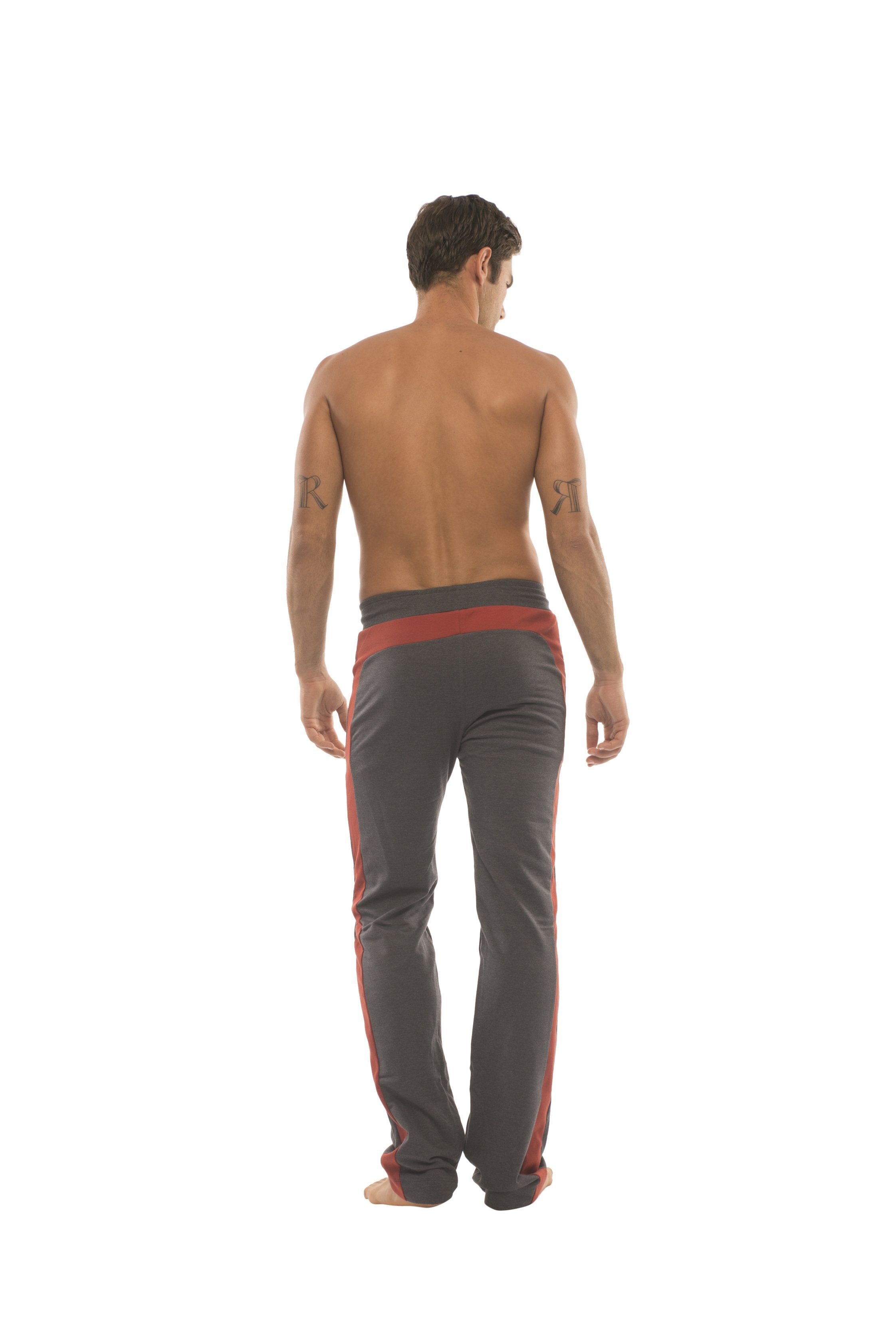 Ultra flex yoga sweat pant in charcoal with cinnabar red side stripes and waistband for flexible workouts