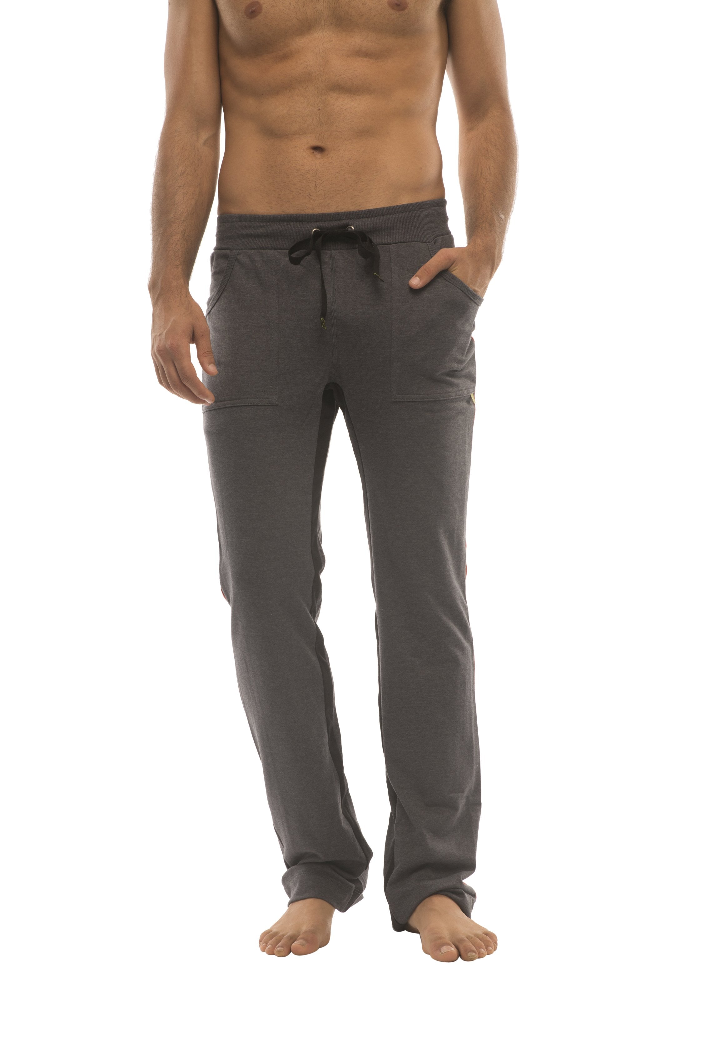 Ultra flex yoga track and yoga sweat pant in charcoal with black drawstring waistband and side pockets in comfortable fit