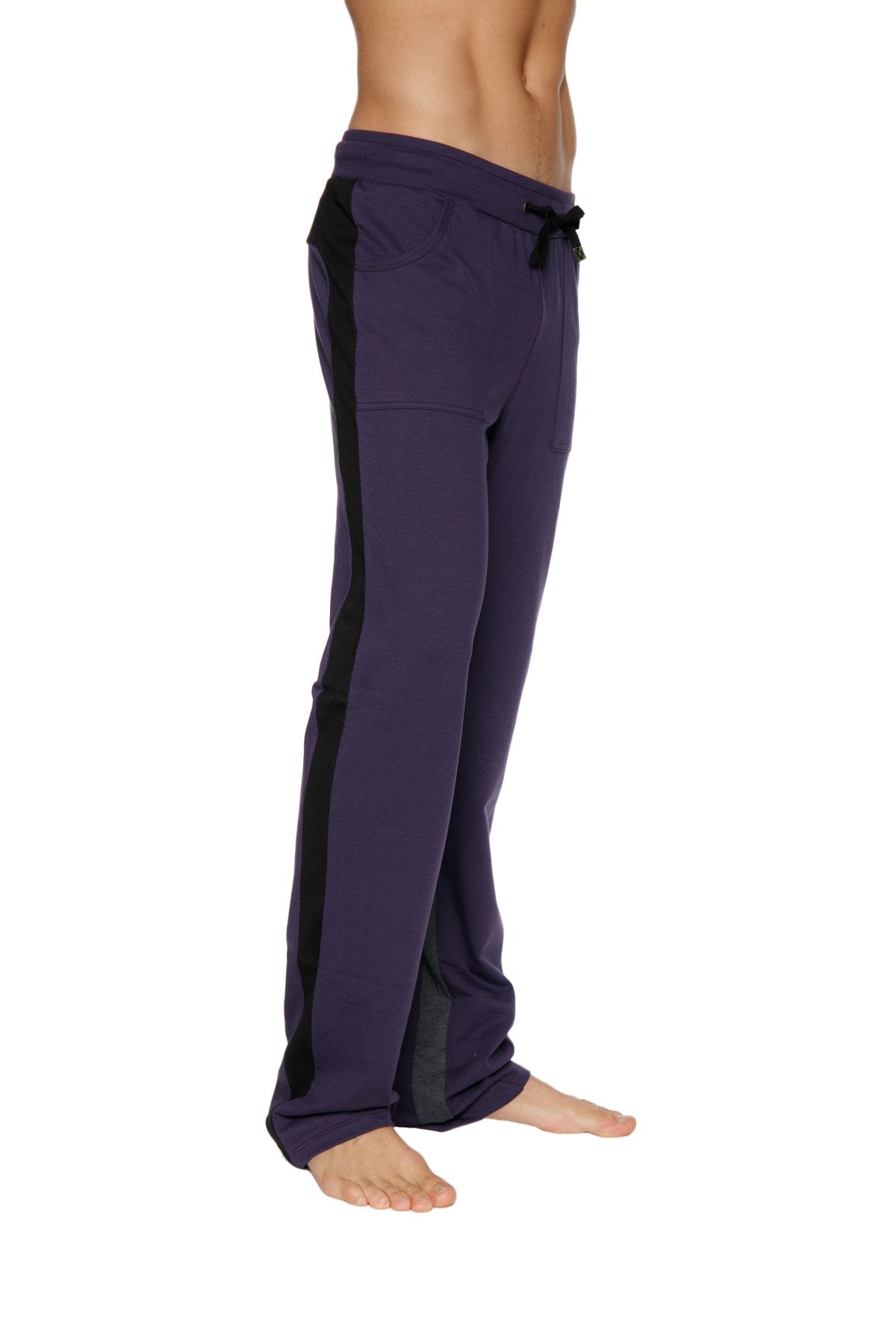Ultra flex yoga track and yoga sweat pant in navy blue with black side stripes and drawstring waistband for comfort