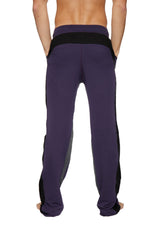 Ultra flex yoga sweat pant in eggplant purple with black side panels and contrasting black waistband for flexibility
