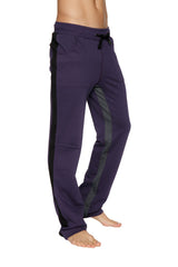 Ultra flex yoga track and yoga sweat pant in eggplant with black and charcoal side stripes and drawstring waistband