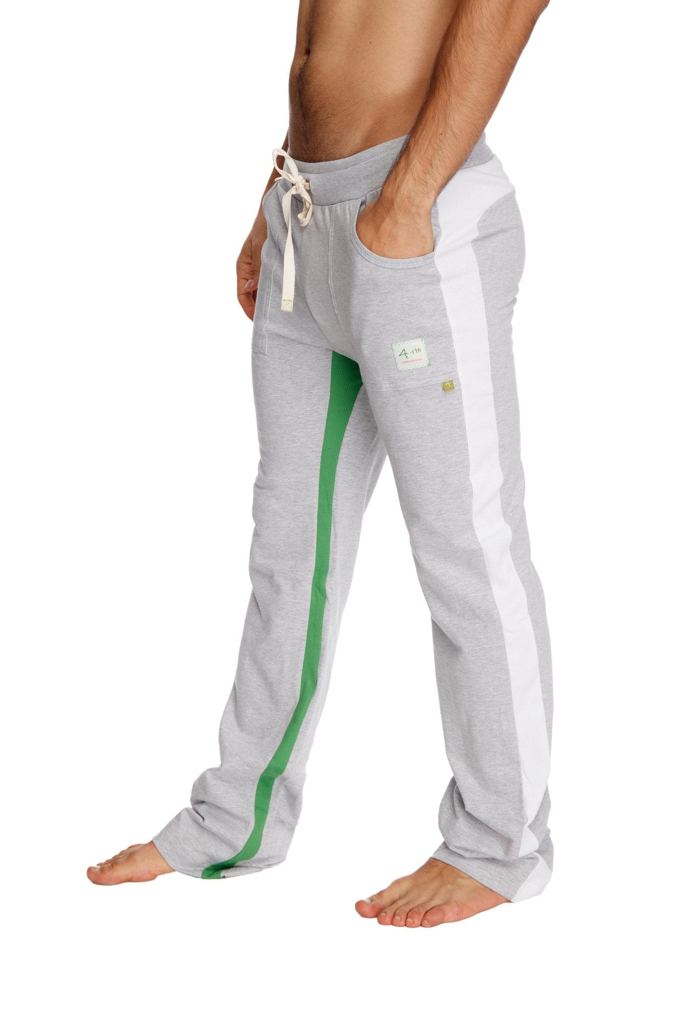 Gray ultra flex yoga sweatpants with white and green side stripes drawstring waistband and brand patch on thigh