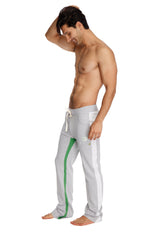 Gray ultra flex yoga track pants with green side stripe and white drawstrings for comfortable activewear
