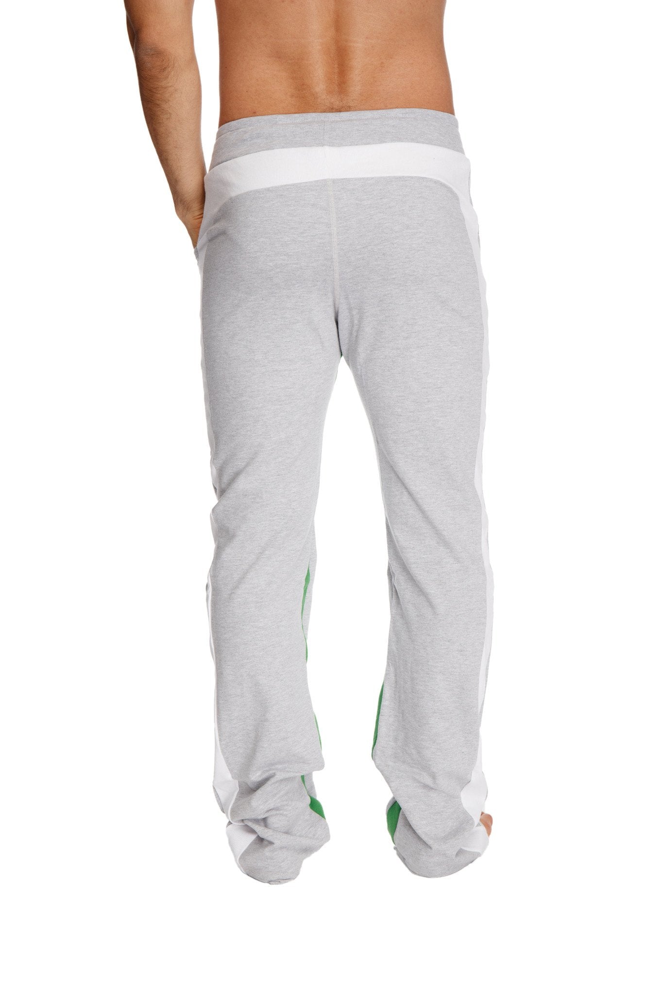 Ultra flex yoga track and yoga sweat pant in grey with white and green side stripes made from flexible fabric