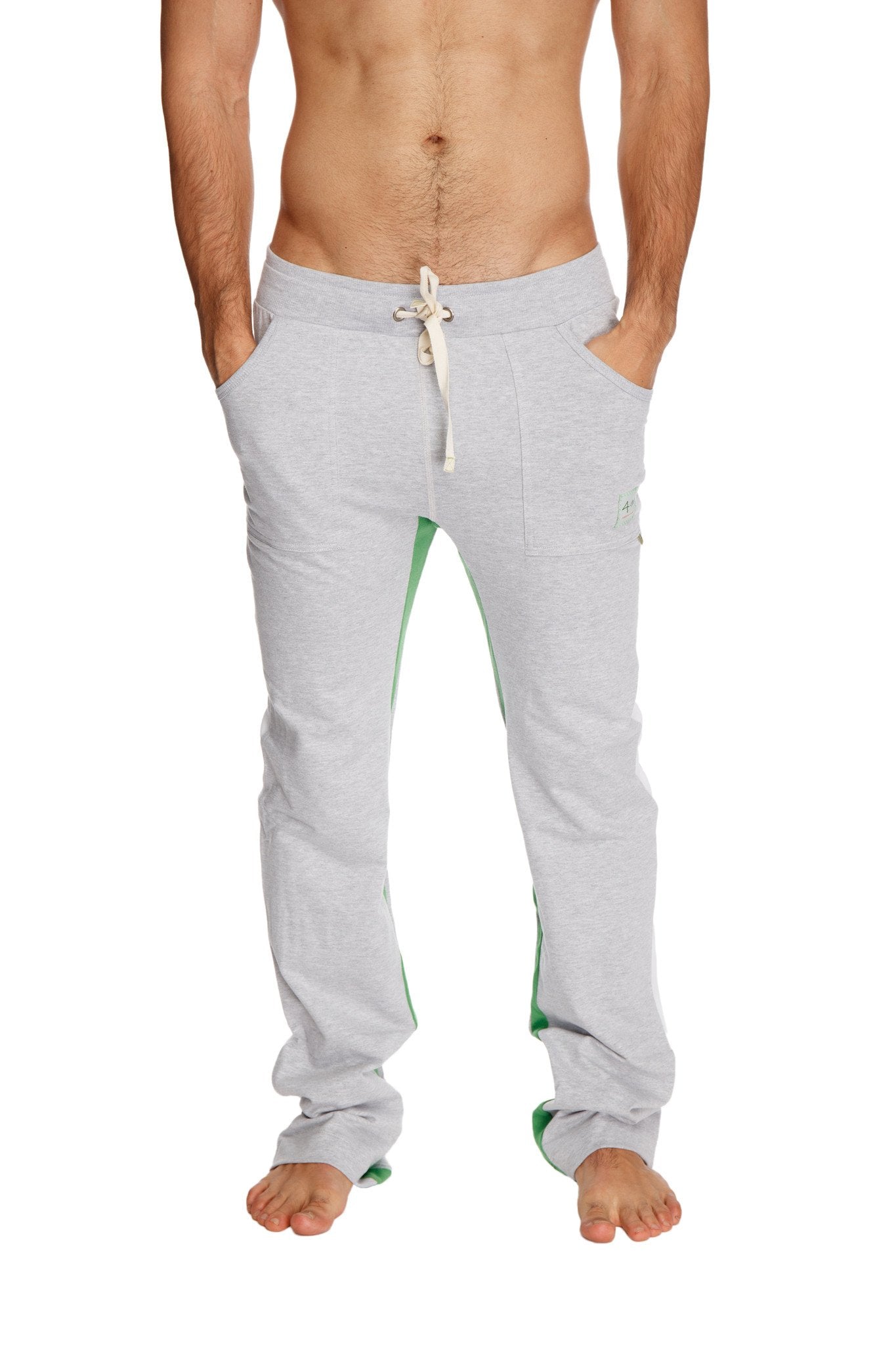 Ultra flex yoga track and yoga sweat pant in grey with green side panels and white drawstring front view