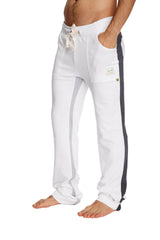 White ultra flex yoga sweatpants with black side stripe and cream drawstring for comfortable athletic wear
