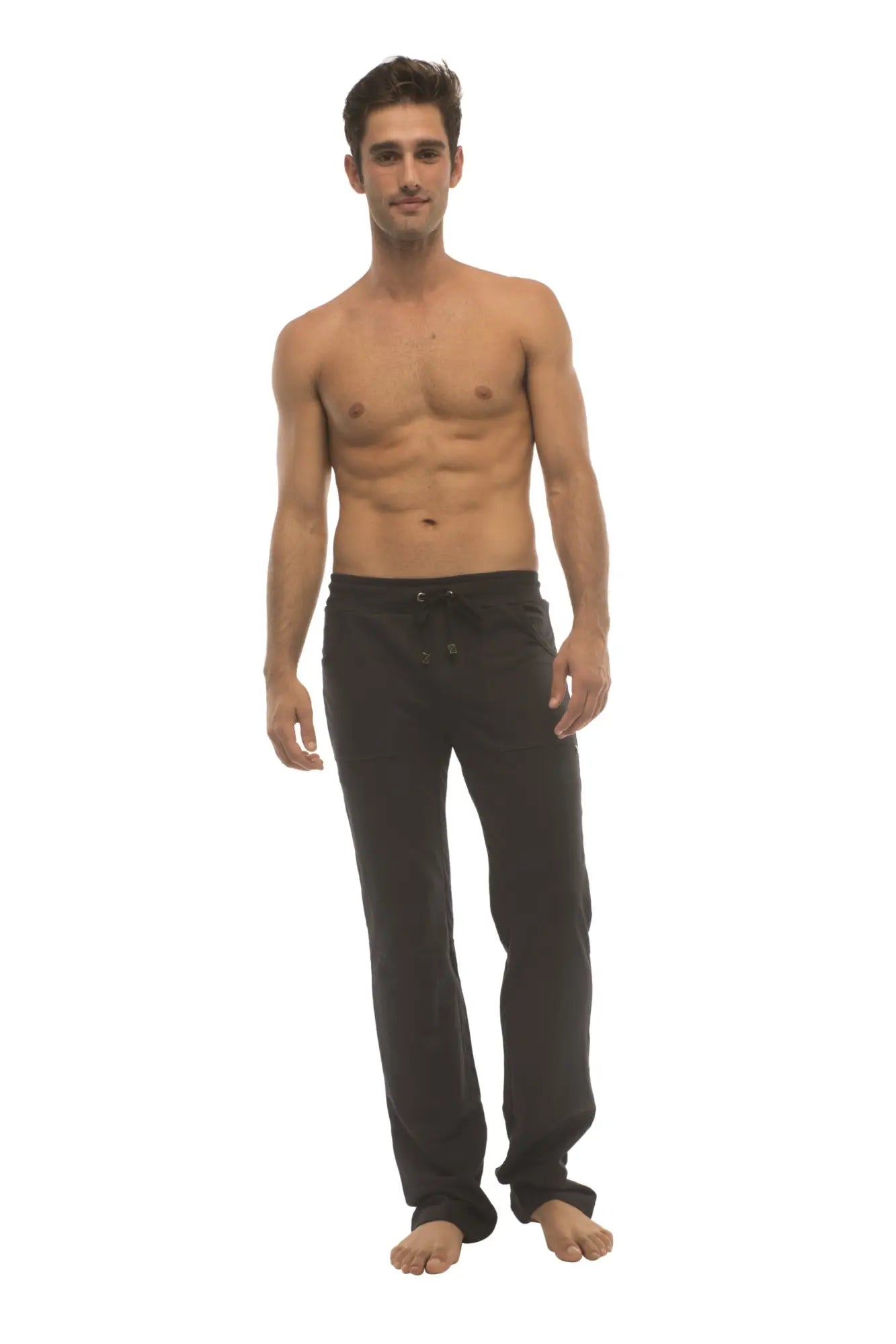 Black ultra flex cotton joggers with drawstring waist and elastic cuffs designed for yoga and track use