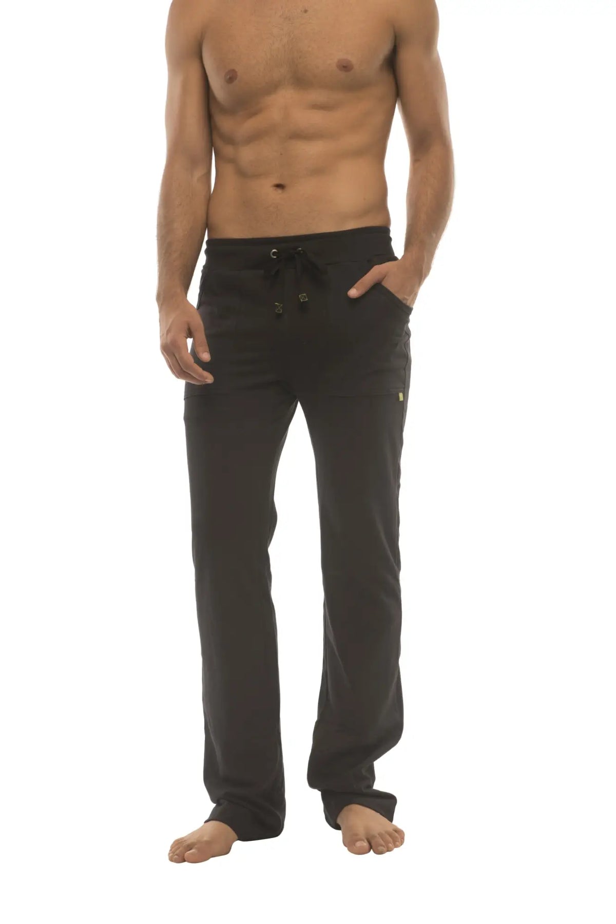 Ultra flex yoga track and yoga sweat pant in black with black drawstring and relaxed fit featuring subtle side pockets