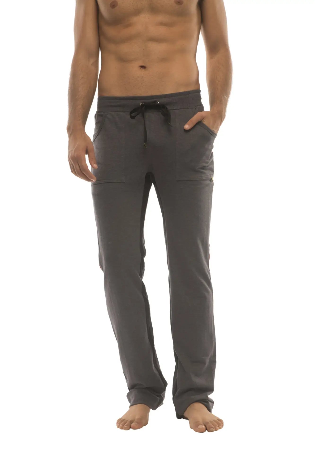 Ultra flex yoga track and yoga sweat pant in charcoal with black drawstring waistband and side pockets in comfortable fit