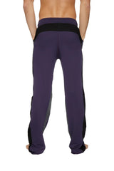 Ultra flex yoga sweat pant in eggplant purple with black side panels and contrasting black waistband for flexibility