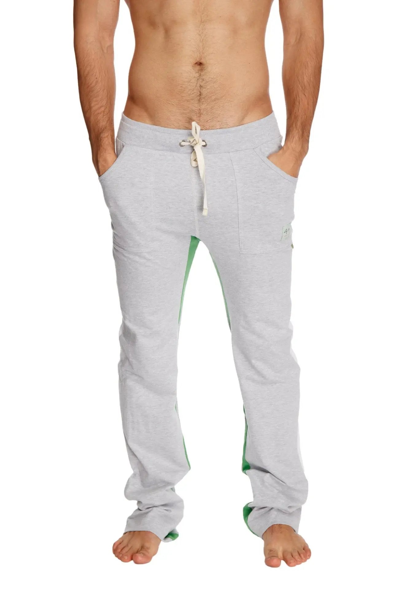 Ultra flex yoga track and yoga sweat pant in grey with green side panels and white drawstring front view