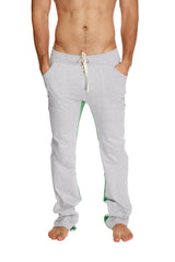Ultra flex yoga track and yoga sweat pant in grey with green side panels and white drawstring front view