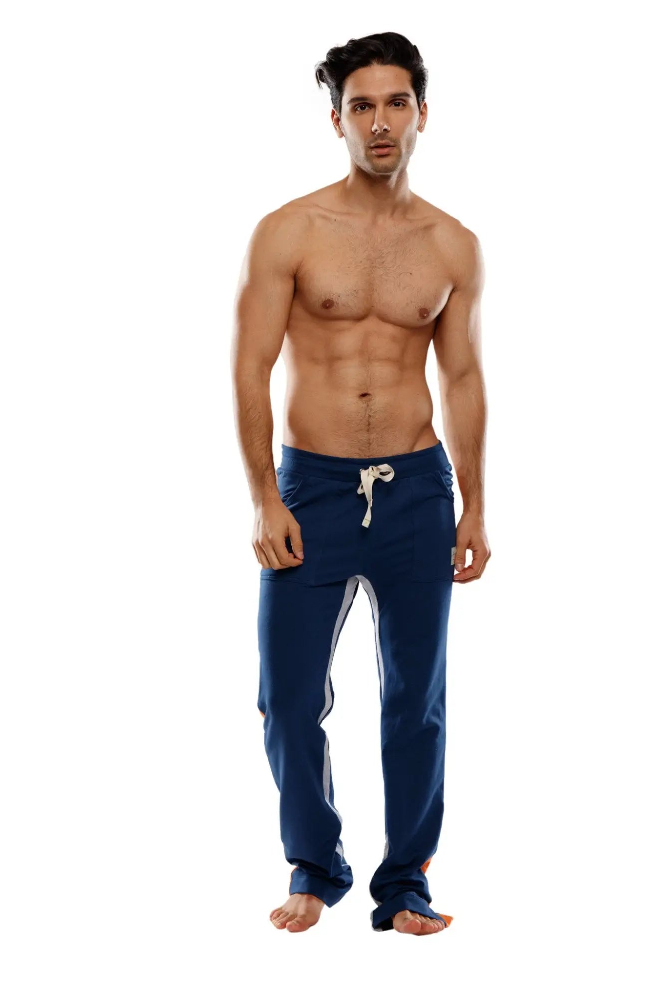 Navy blue ultra flex yoga track sweat pant with white drawstring and side stripe detailing for athletic use