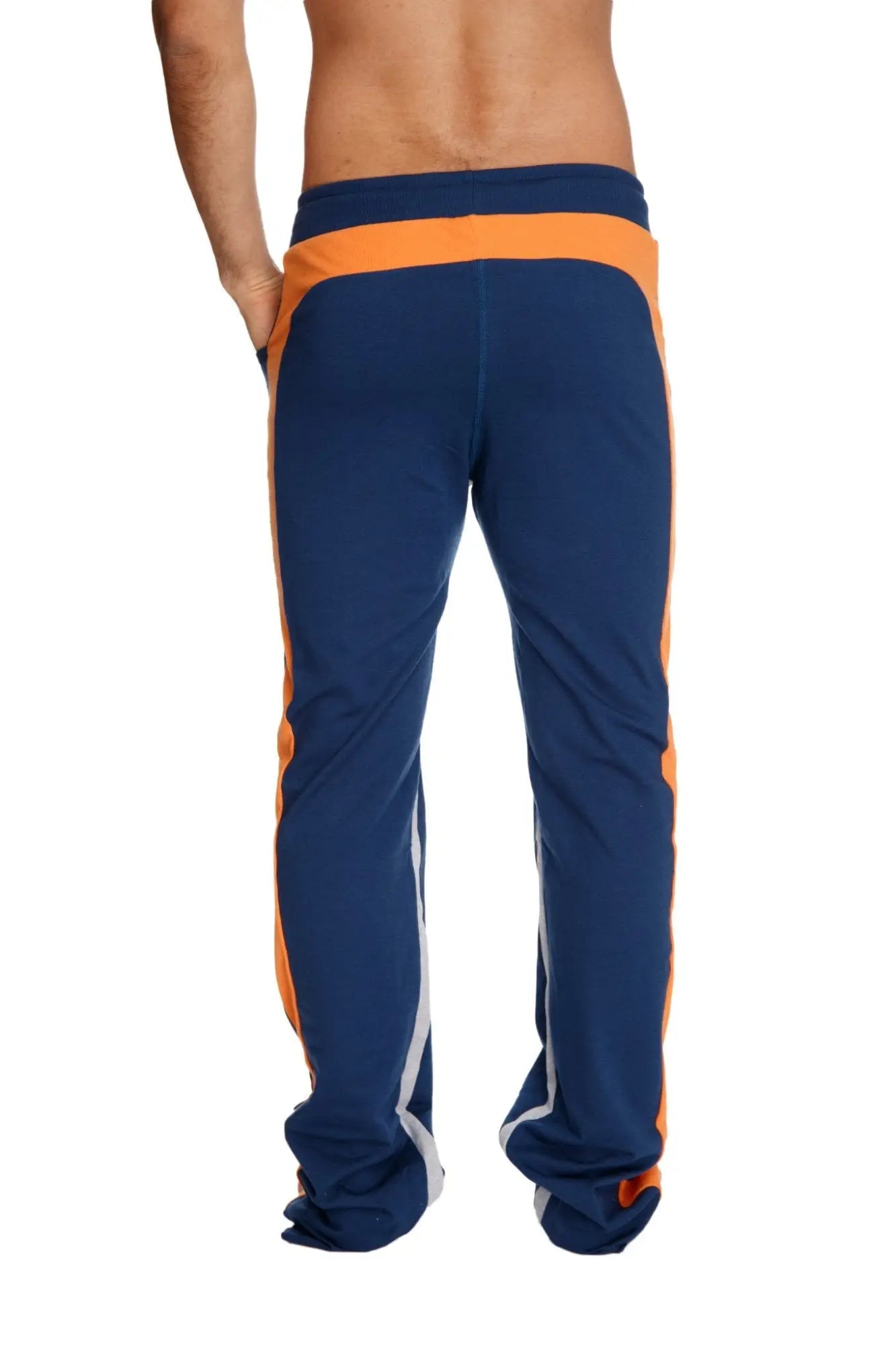 Ultra flex yoga track and sweat pant in royal blue with orange and grey side stripes for athletic wear