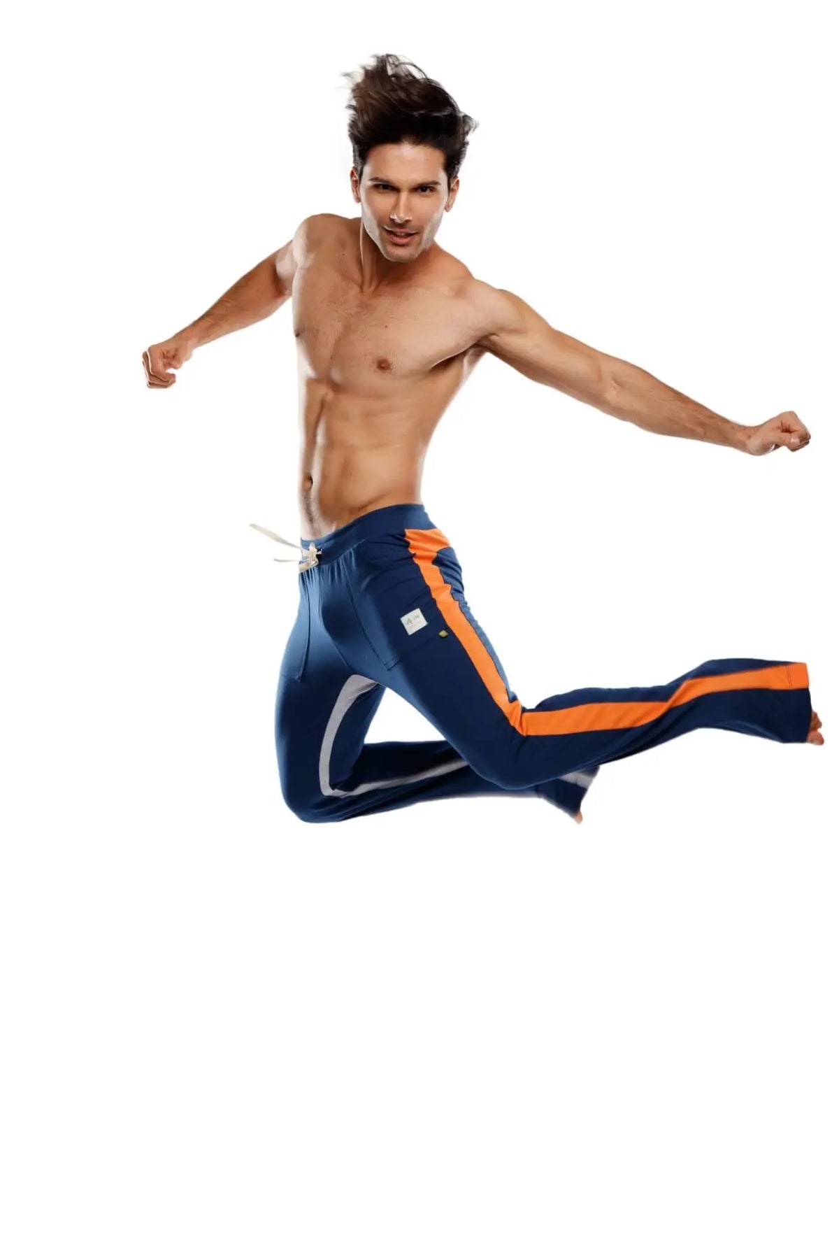 Ultra flex yoga track sweat pant in navy blue with orange and white side stripes for athletic use