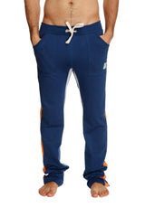 Ultra flex yoga track and yoga sweat pant in royal blue navy with orange side stripes and white drawstring waistband