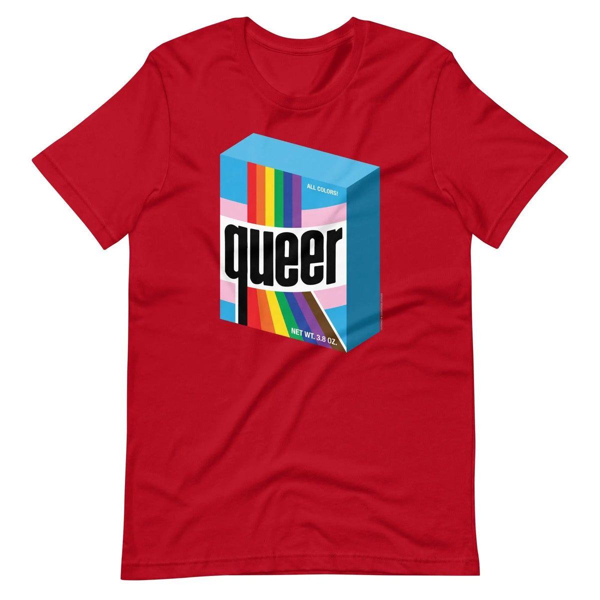 Red short-sleeved cotton t-shirt with rainbow-striped box and bold black queer print from ultra queer collection