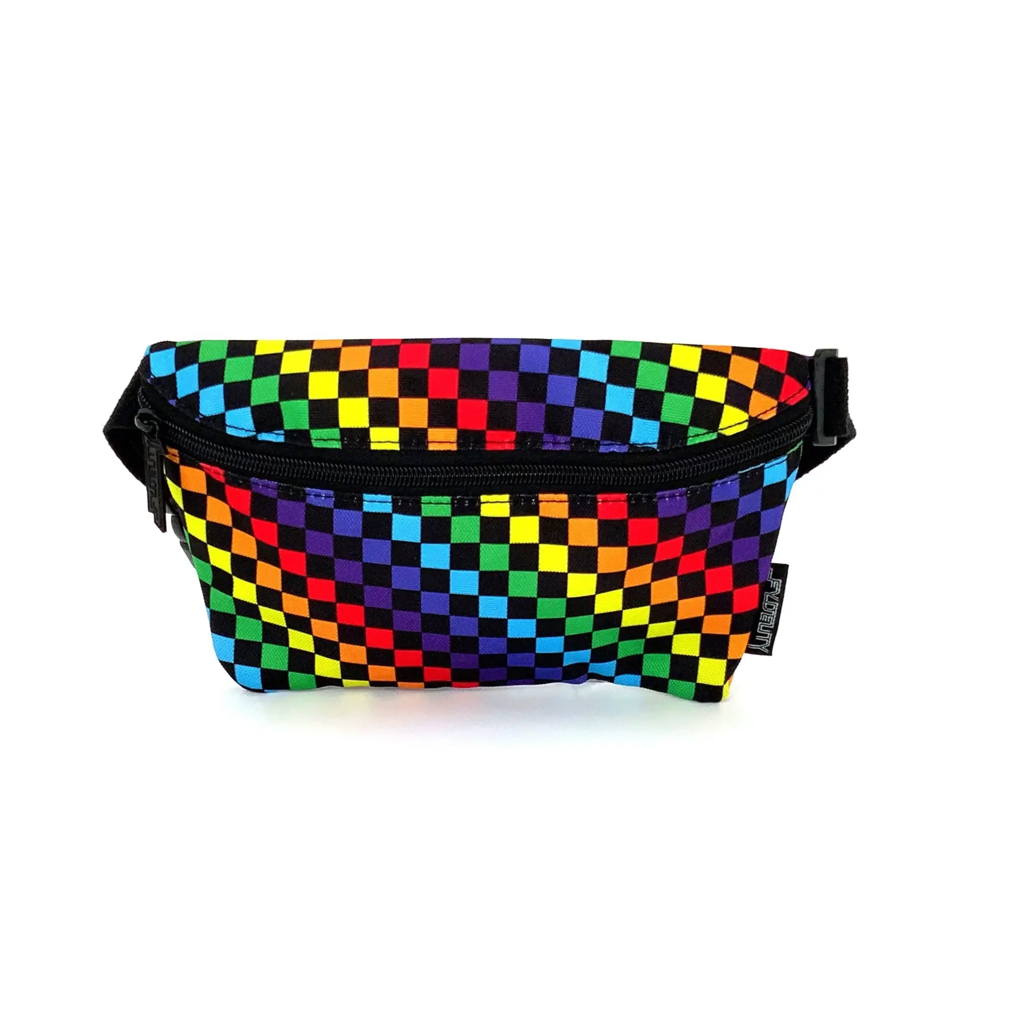 Ultra slim fanny pack with vibrant rainbow checkered pattern black zipper and adjustable strap for hands-free use