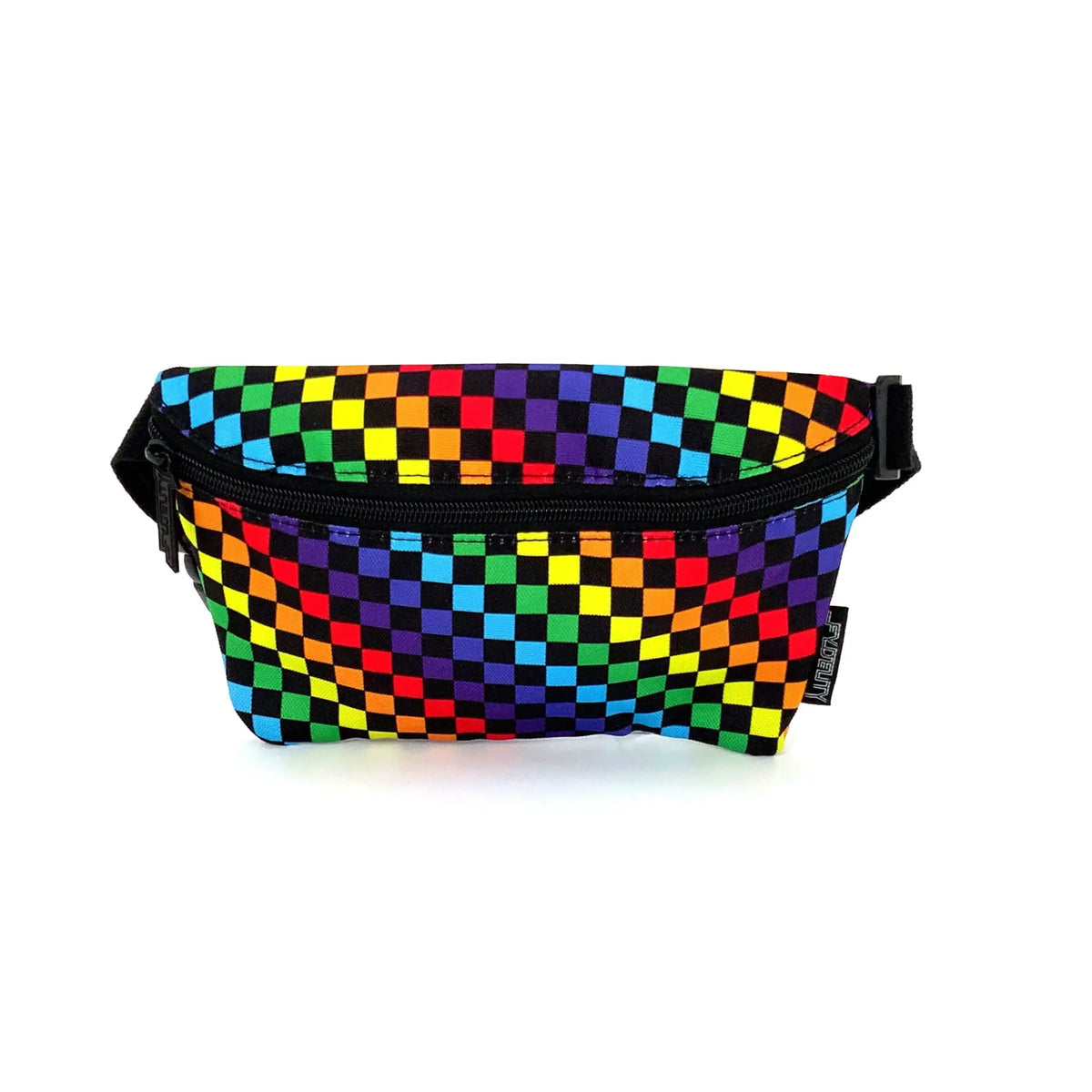 Ultra slim fanny pack with vibrant rainbow checkered pattern black zipper and adjustable strap for hands-free use