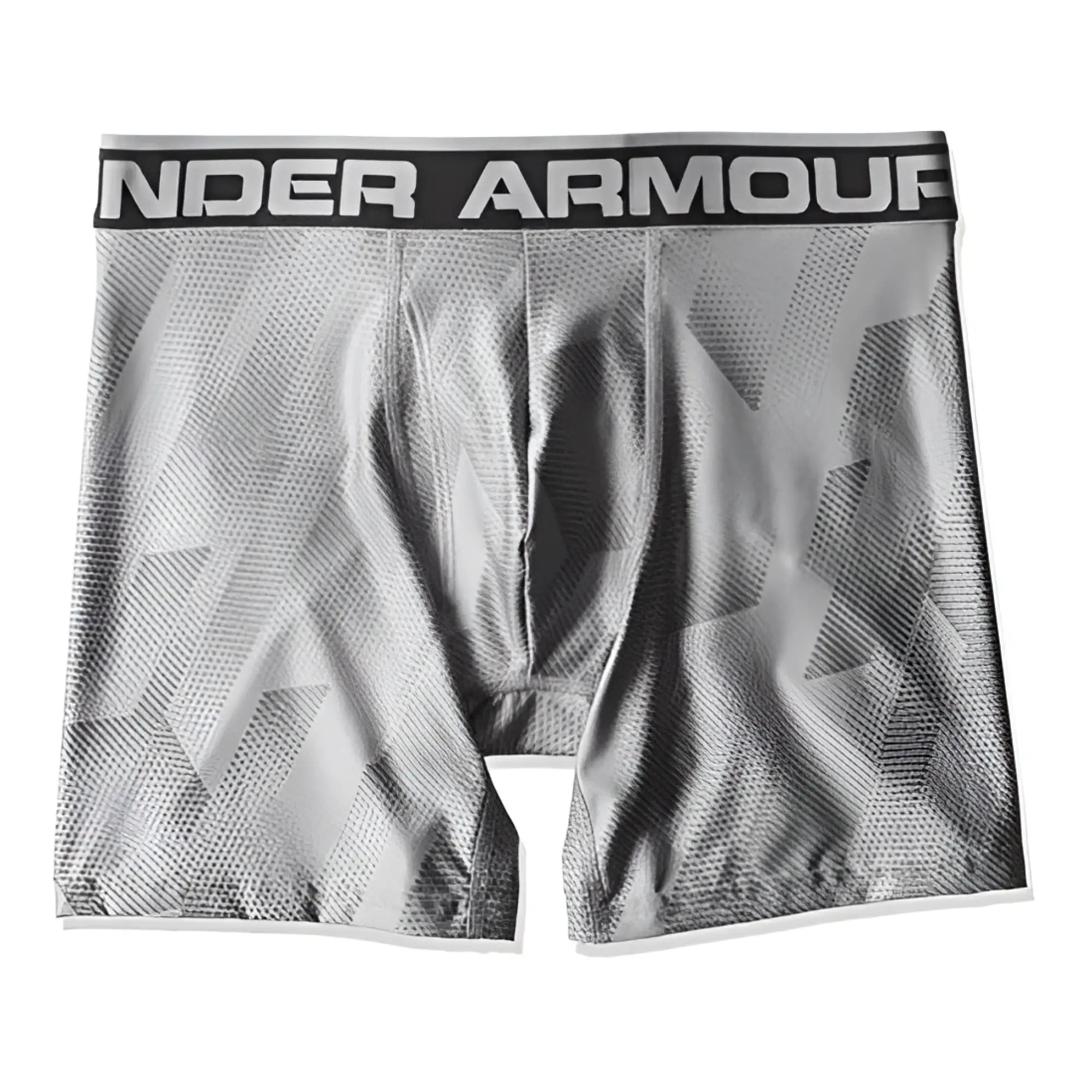 Under armour original 6in boxerjock boxer briefs in printed grey with geometric pattern and black waistband size xs