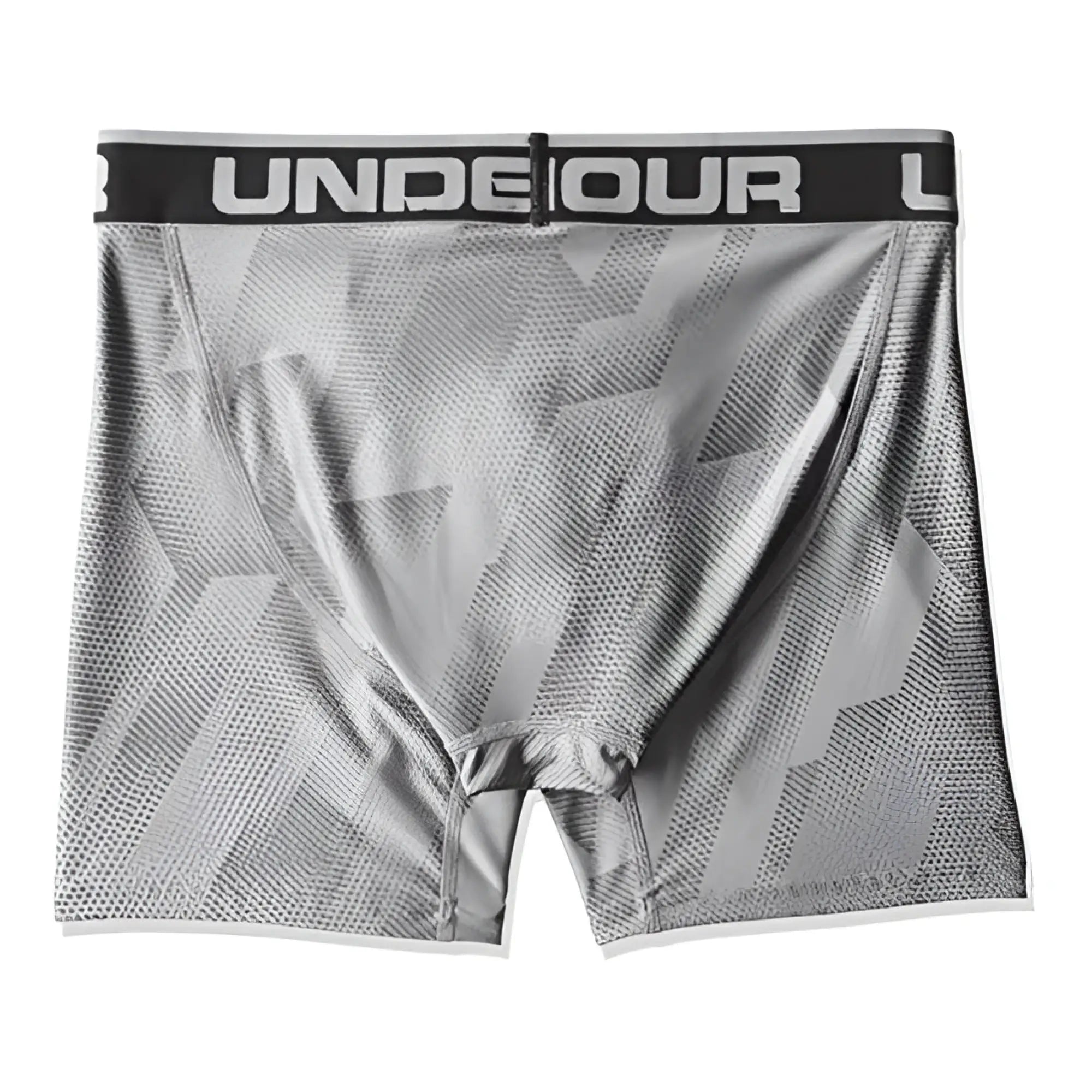 Under Armour original 6in boxerjock boxer brief underwear in printed grey with geometric pattern and black waistband size XS