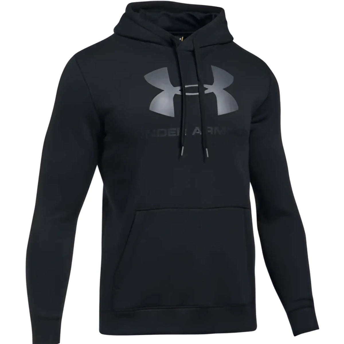 Under armour rival fitted graphic hoodie black with gray logo and drawstrings in size medium front view