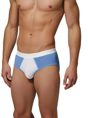 Undergear basix stan two-tone brief in blue and white athletic fabric with sleek modern design in size s and 2xl