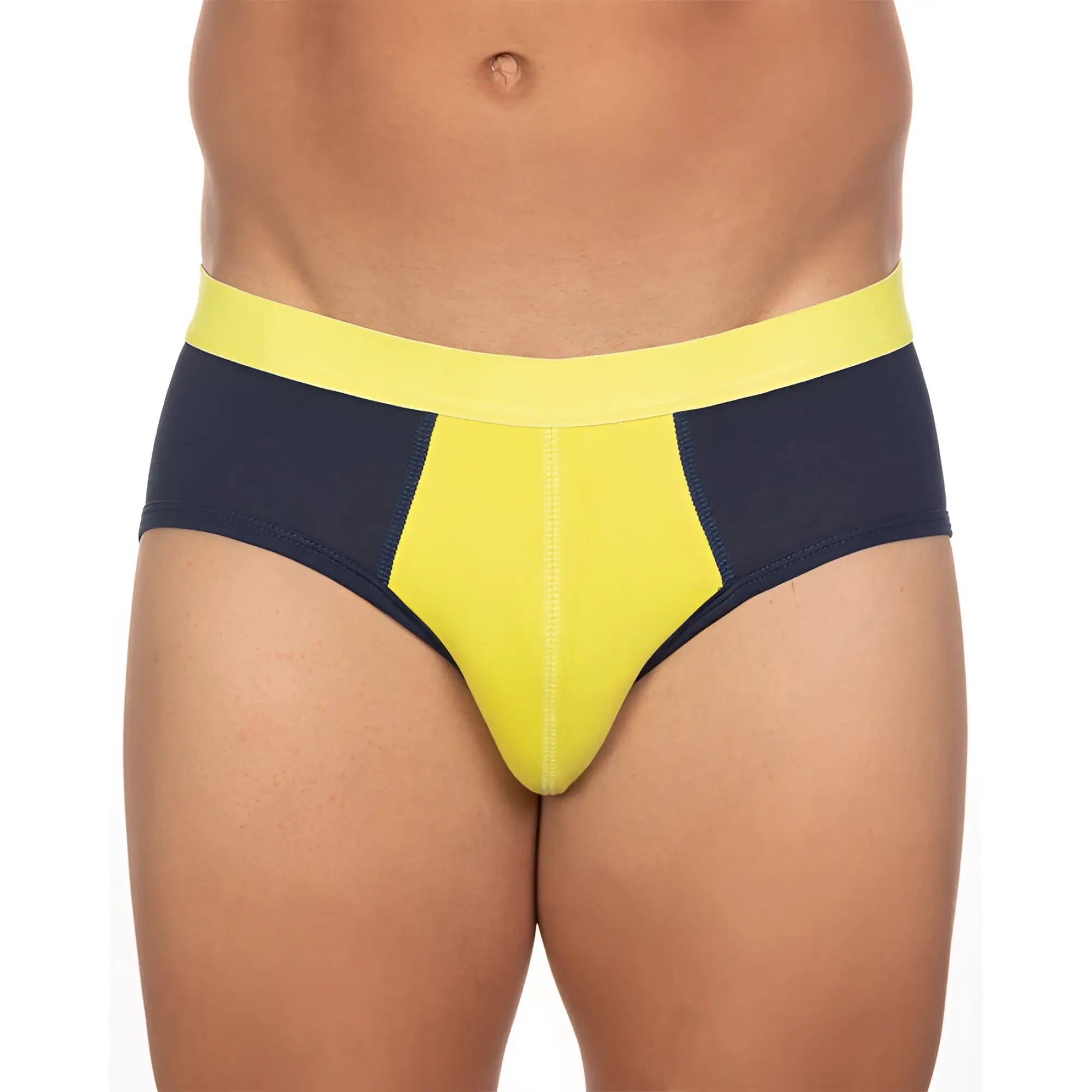 Undergear basix stan two-tone bright yellow and navy blue athletic briefs with bold color-block design in s and 2xl