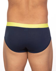 Navy blue undergear basix stan two-tone brief with bright yellow elastic waistband available in s and 2xl