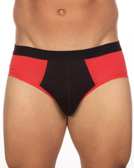 Undergear basix stan two-tone briefs in red and black with bold color block design for athletic use in sizes s and 2xl
