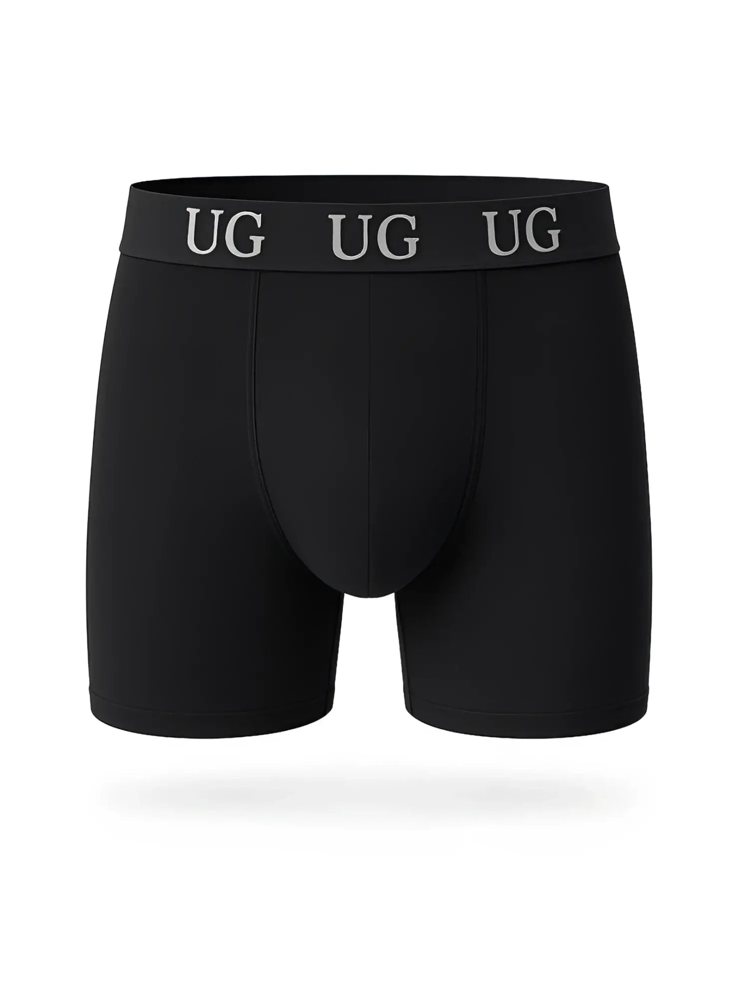 Black ug brand cotton boxer briefs with snug waistband featuring repeating silver ug lettering undergear cotton trunk
