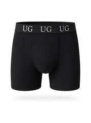 Black ug brand cotton boxer briefs with snug waistband featuring repeating silver ug lettering undergear cotton trunk