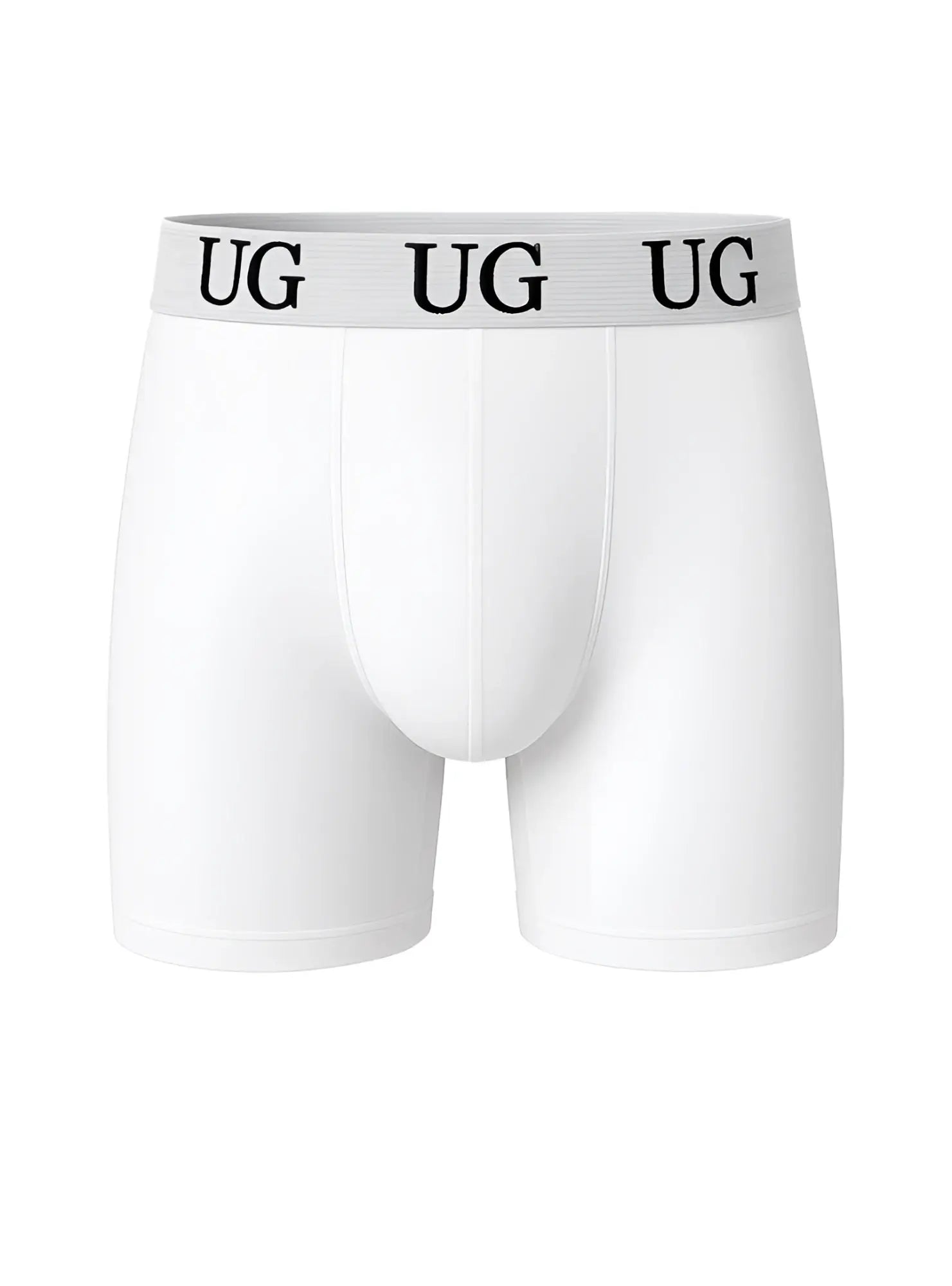 White Undergear cotton boxer briefs with gray waistband and black ug lettering front view