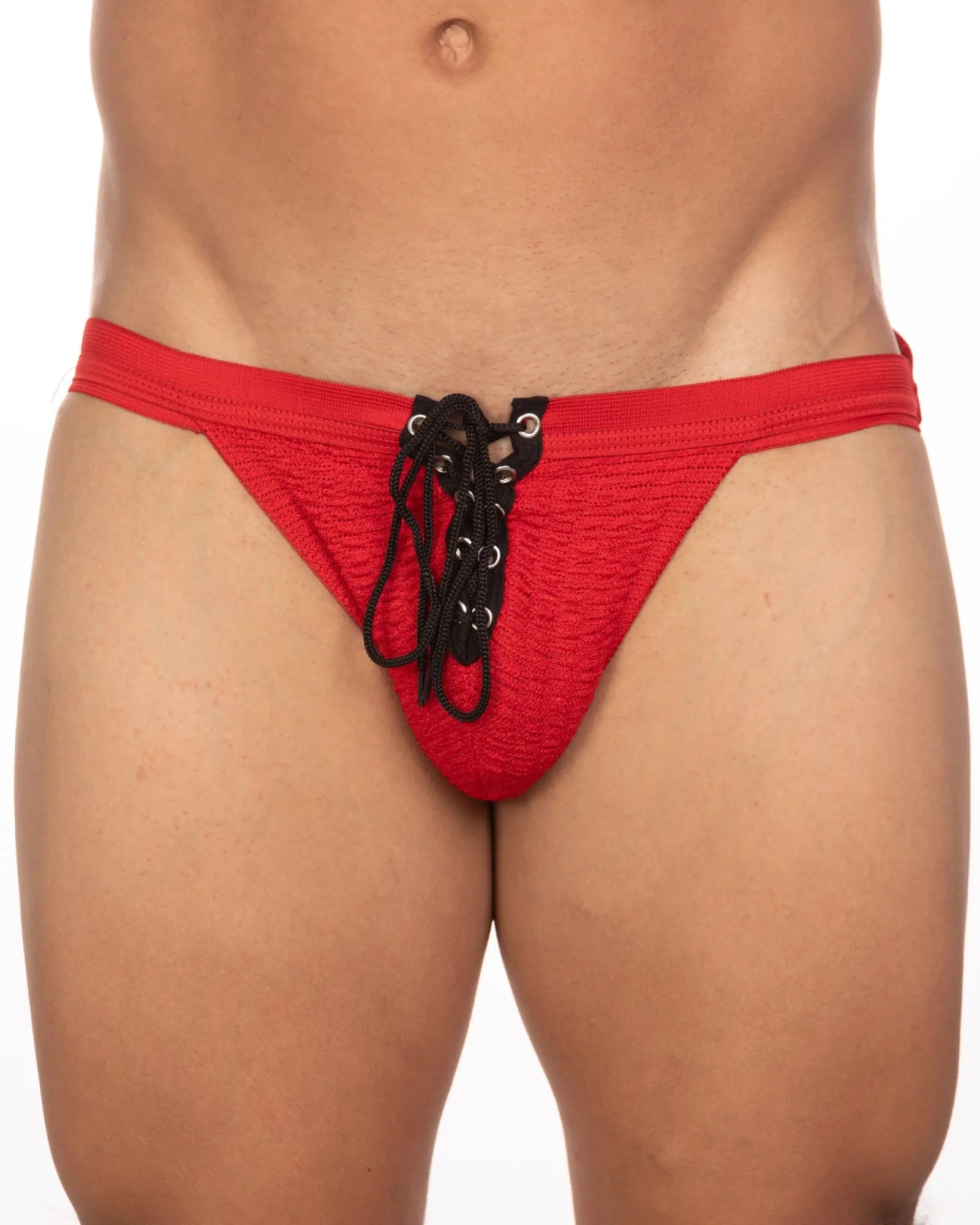 Undergear fizx mark solid knit jockstrap red textured lace-up briefs with black laces and silver eyelets