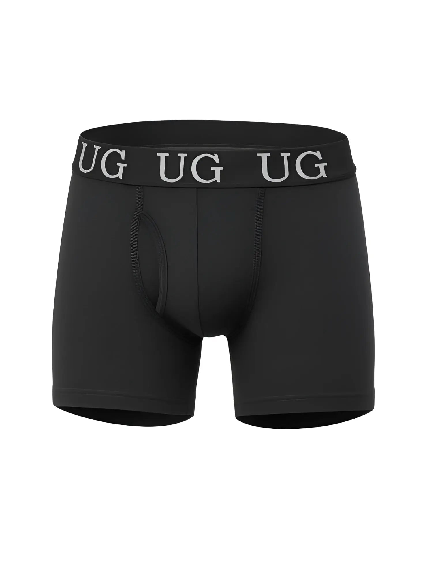 Black undergear fly front cotton boxer brief with gray ug logo band and comfortable breathable fabric