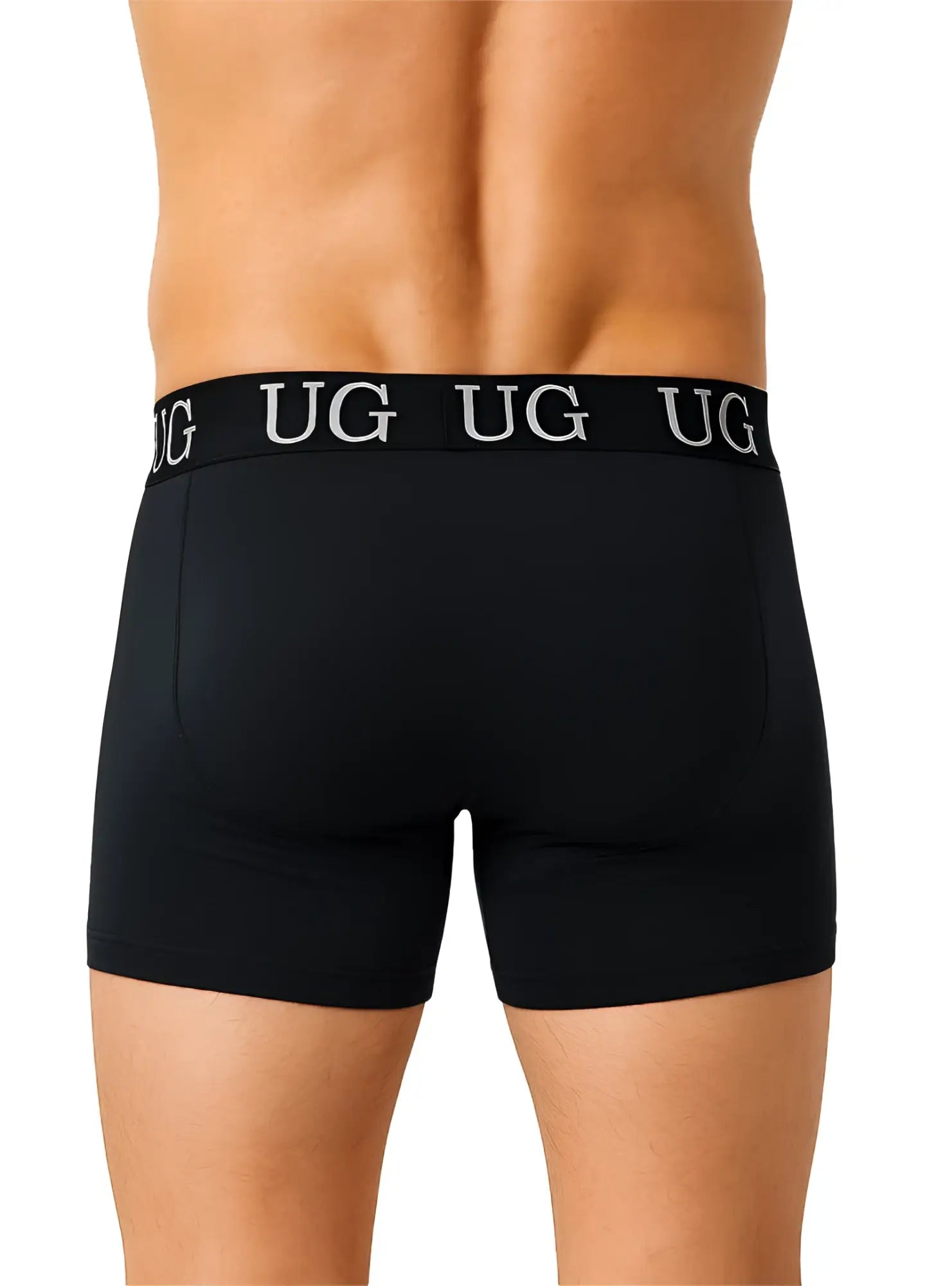 Black undergear fly front cotton boxer brief with white ug logo waistband for comfortable everyday wear