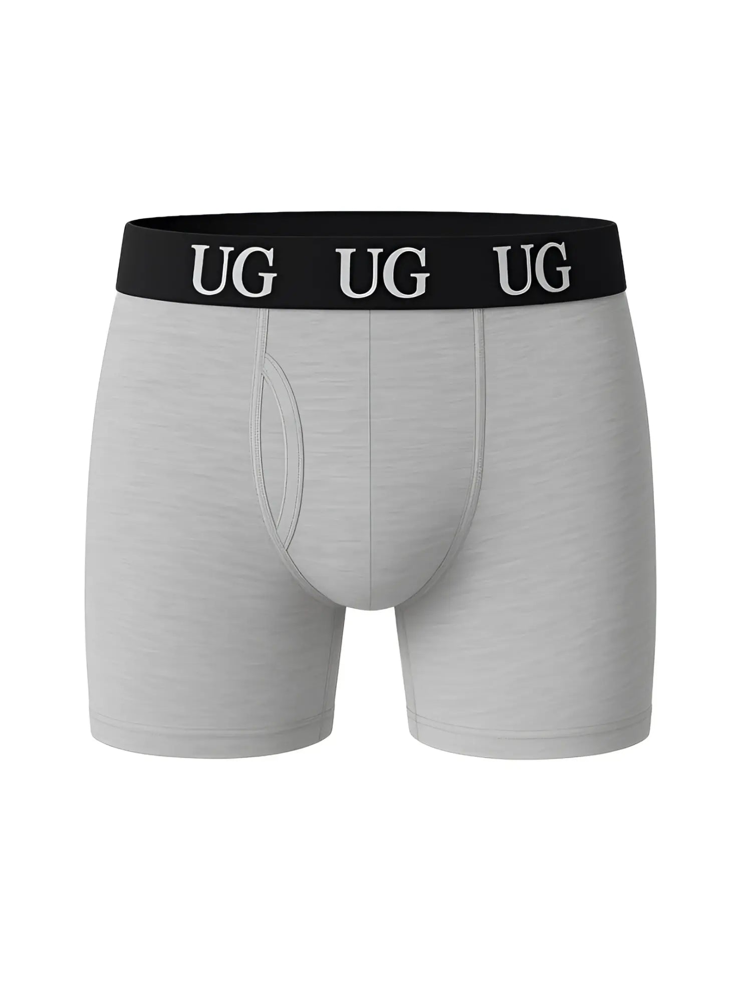 Gray ug men’s cotton boxer briefs with fly front and black waistband featuring white ug branding