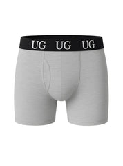 Gray ug men’s cotton boxer briefs with fly front and black waistband featuring white ug branding