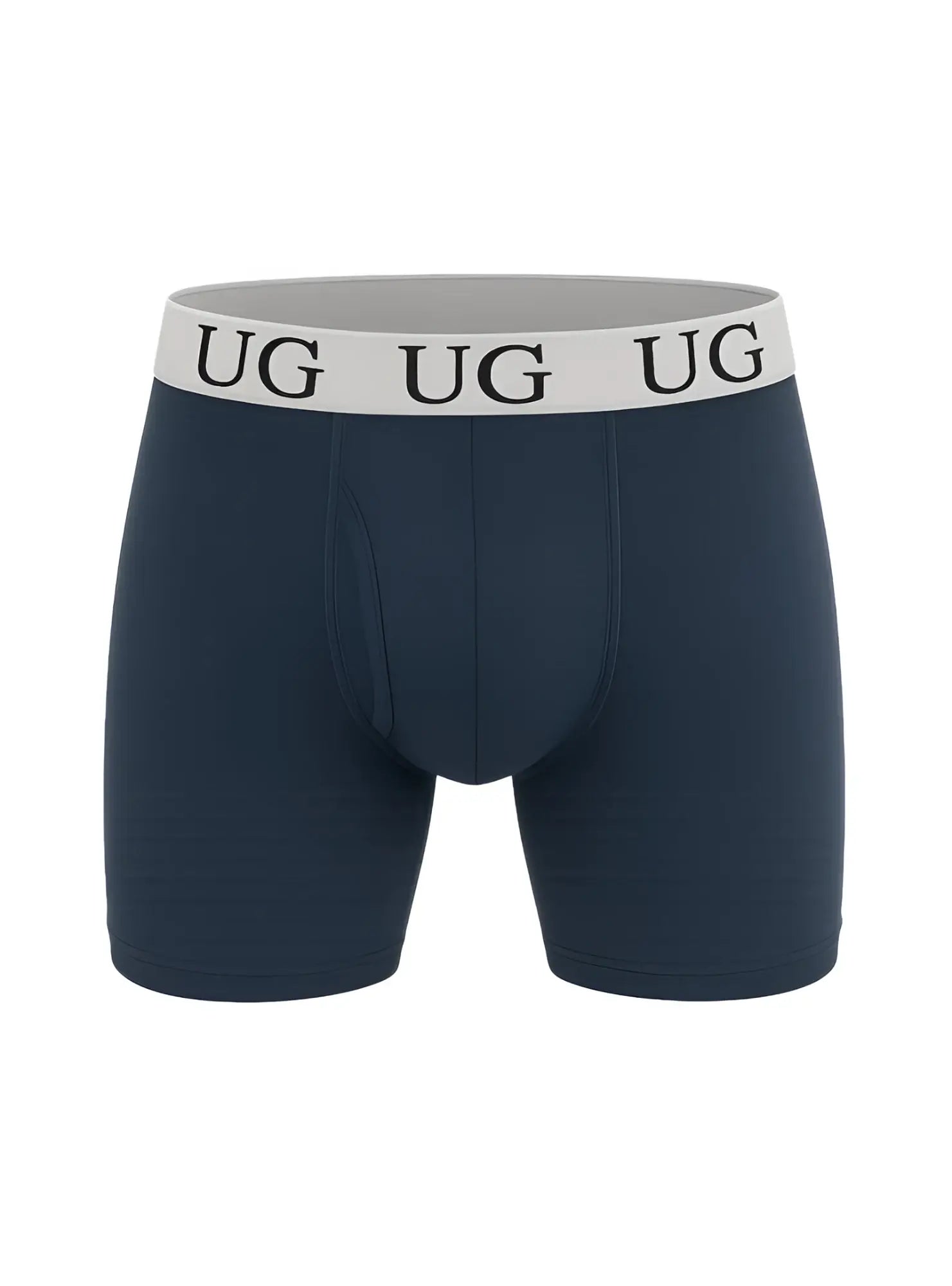 Navy blue undergear fly front cotton boxer brief with white elastic waistband and ug logo in black lettering
